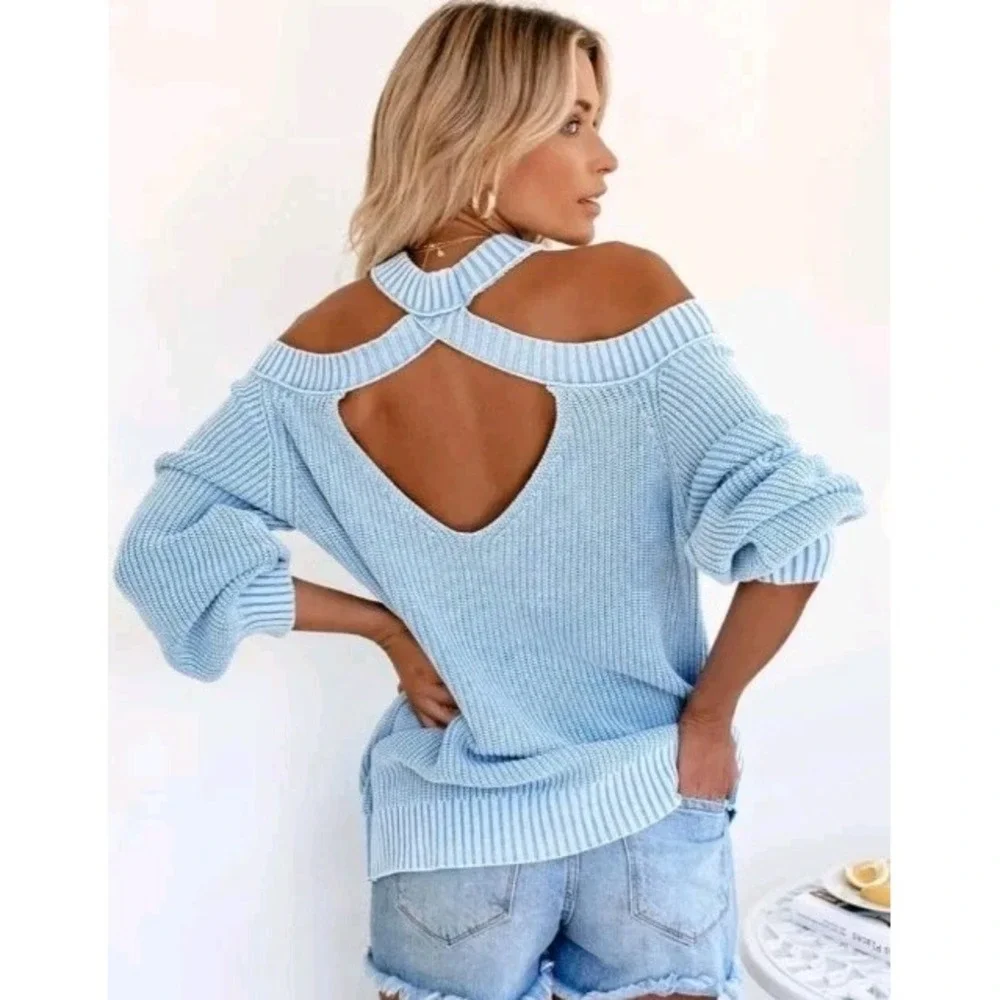 VICI Women's Size Medium Long‎ Sleeve Blue Cold Shoulder Oversized Sweater Beach